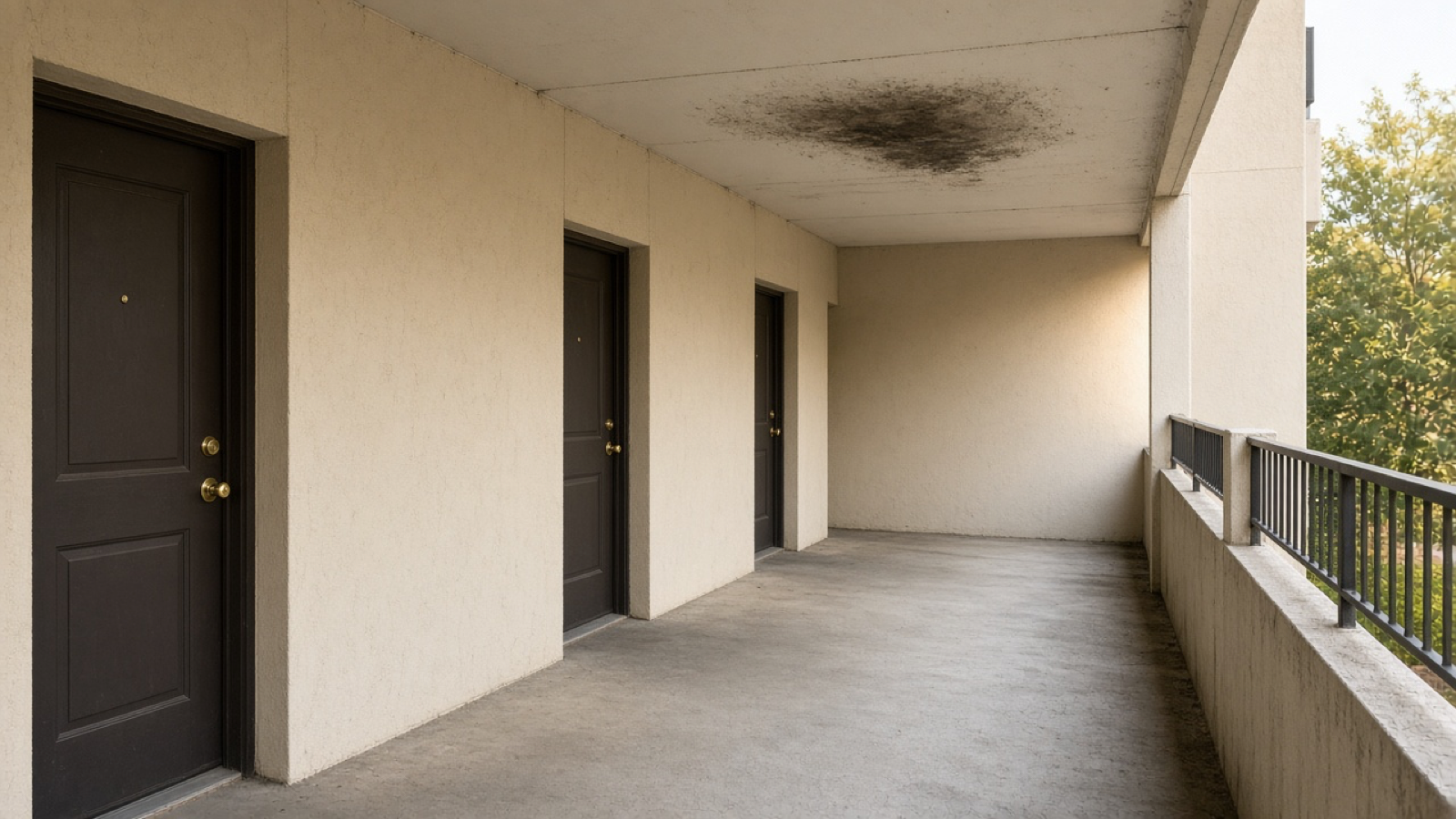Daylight photo of an apartment breezeway and a unit door